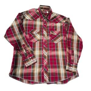 Wrangler Red Brown Plaid Long Sleeve Shirt XXL Button Up Western Rodeo Collar